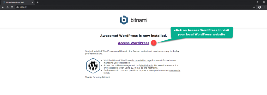 click on Access WordPress to visit your local WordPress website